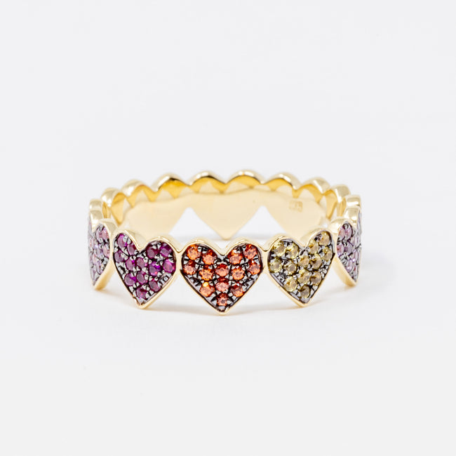 Sydney Evan Rainbow Heart Eternity Multi-Color Sapphires & 14K Yellow Gold Ring